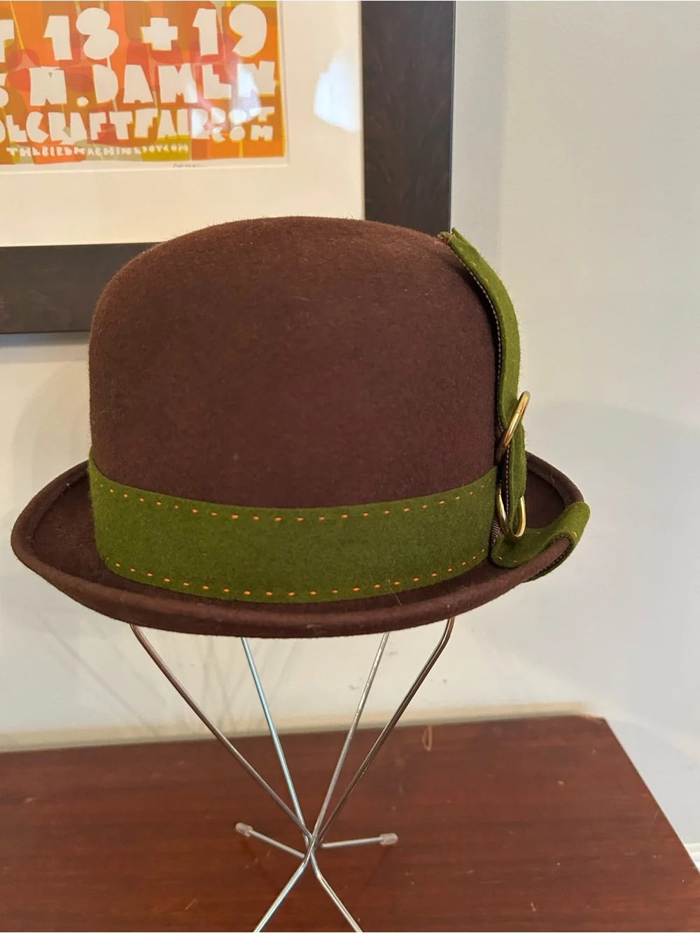 Vintage Brown Wool Bowler Hat with Green Band